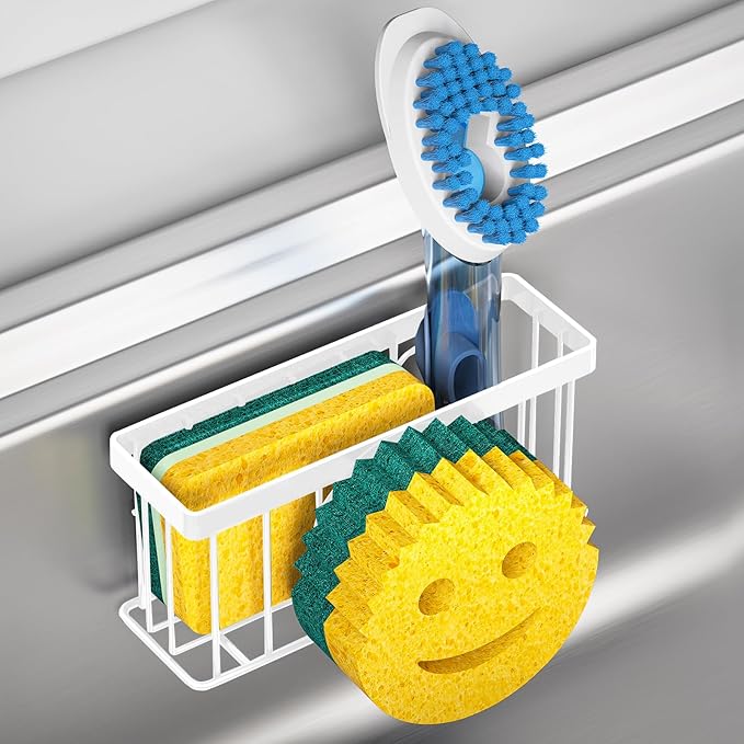 Sponge Holder Smiley Face, Kitchen Organizer with 2 Suction Cups/1 Adhesive Strips,Designed for Sponge,Soap,Dish Brush,Scrubber - White