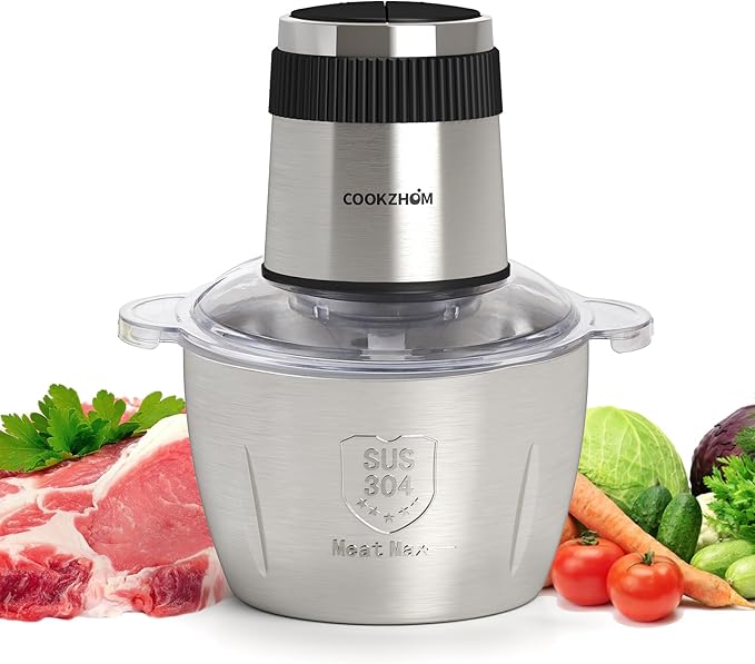COOKZHOM Food Processor,Electric Food Chopper with 500W Stainless Steel Motor & 2 Sharp Blade Sets, 8-Cup Stainless Steel Bowl for Meat, Vegetables, Fruits and Nuts