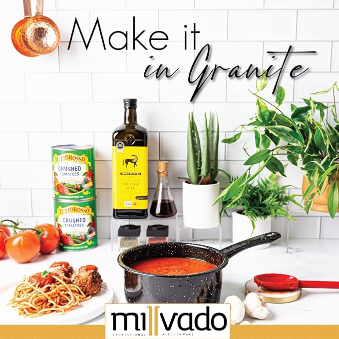 Millvado 2 Quart Granite Saucepan, Naturally Nonstick Sauce Pots, Speckled Enamel Ware Cookware, Small Sauce Pan for Cooking and Boiling - Granite Cooking Pot for Stovetop, Campfire, Outdoor Stove