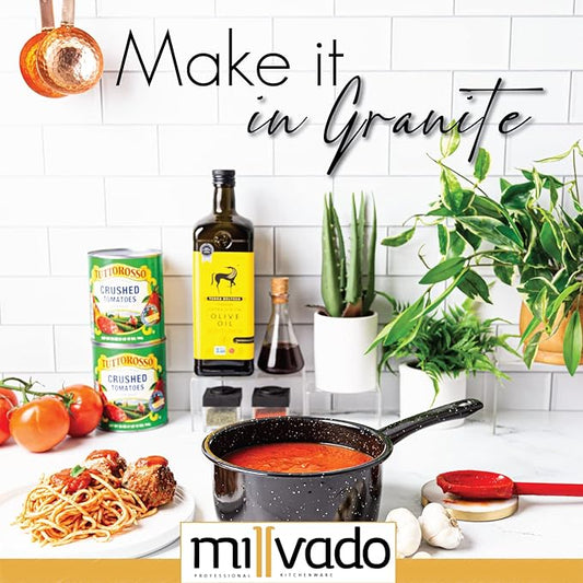 Millvado 2 Quart Granite Saucepan, Naturally Nonstick Sauce Pots, Speckled Enamel Ware Cookware, Small Sauce Pan for Cooking and Boiling - Granite Cooking Pot for Stovetop, Campfire, Outdoor Stove