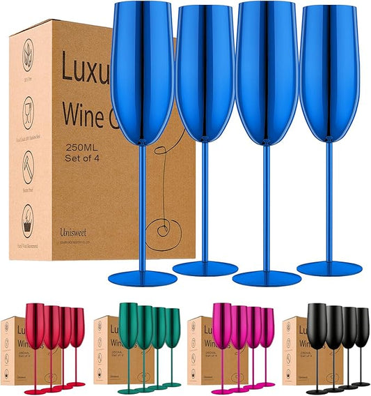 Stainless Steel Champagne Flutes Set of 4-Wedding &Birthday Gifts,8.5 Oz Unbreakable Champagne Glass with Long Stem,Reusable Indoor Outdoor Drinkware (Blue)