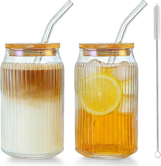 2 PCS Glass cups with Lids and Straws, 16 OZ Iced Coffee Cups, Ribbed Glass Tumbler with Straw and Bamboo Lid, Thick Drinking Beer Glasses for Coffee, Juice, Match Cup with Cleaning Brush (Clear)