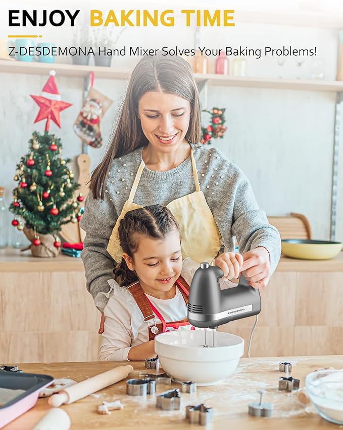 Z-DESDEMONA Electric Hand Mixer, Powerful Hand Mixer Electric Handheld with 304 Beaters, Dough Hook,Hand Held Mixer with Turbo for Baking Cakes, Eggs, Cream Food(Grey)