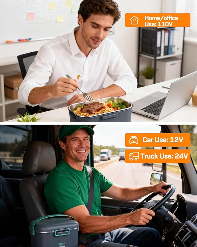 Extal-Large Electric Lunch Box Food Heater - 80W Fast Heating, 1.8L Heated Lunch Box Leak-Proof 304 Stainless Steel Portable Food Warmer, 3-in-1 (12V/24V Car/Truck & 110V Home), Ideal for Work/Travel