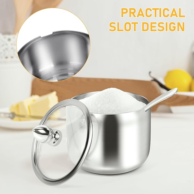 Sugar Container with Glass Lid and Spoon - 10oz Stainless Steel Sugar Bowl for Coffee Bar Station Accessories Kitchen Storage for Salt, Candy, Coffee Bean (Silver)