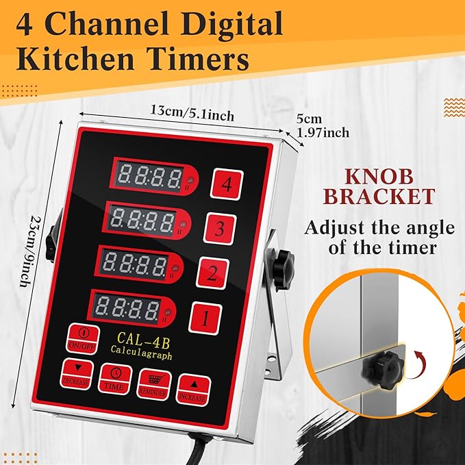 1 Pack Commercial 4 Channel Digital Kitchen Timer, Multi-Countdown Timer with Loud Alarm & Large LCD Display, Wall Mount or Countertop for Restaurant, Fry Station, Baking & Lab Use