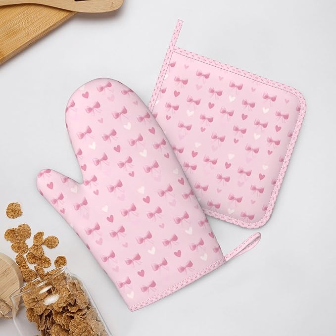 Oven Mitts and Pot Holders Heart Pink Bow Pattern Silicone Kitchen Accessories Set of 4 Heat Resistant Long Gloves Potholder Non-Slip Grip for Chef Cooking Baking Grilling BBQ