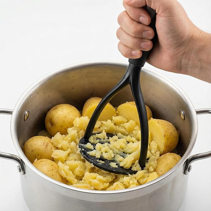 KSENDALO Potato Masher Kitchen Tool,Nonstick Bean Smasher Food Masher with Thick Nylon Blade and Rubber Wrapped Comfortable Handle,Hand Wash, Black