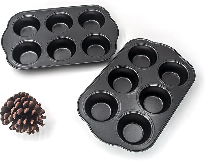 Bakexcel Non-Stick Standard Muffin Pans, 2.95" 6-Cup Set of 2 Baking Pans, Heavy Duty Carbon Steel Tins for Standard Muffins & Cupcakes