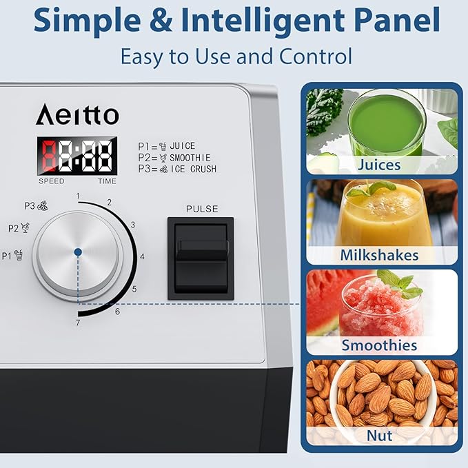 Aeitto Blenders for Kitchen 1800W Max Power Smoothie Blender with 68Oz. Jar, 3 Preset Programs & 7 Speeds, Professional Countertop Blender for Smoothies, Ice Crush, Frozen Drinks, Silver