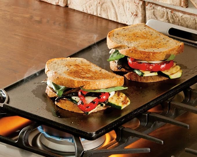 Lodge Double Play Reversible Cast Iron Grill/Griddle - Dual-Sided with Double Burner Configuration for Eggs, Pancakes, Burgers & More - Seasoned, Non-Toxic Cookware - Heavy-Duty Grill Pan - Black