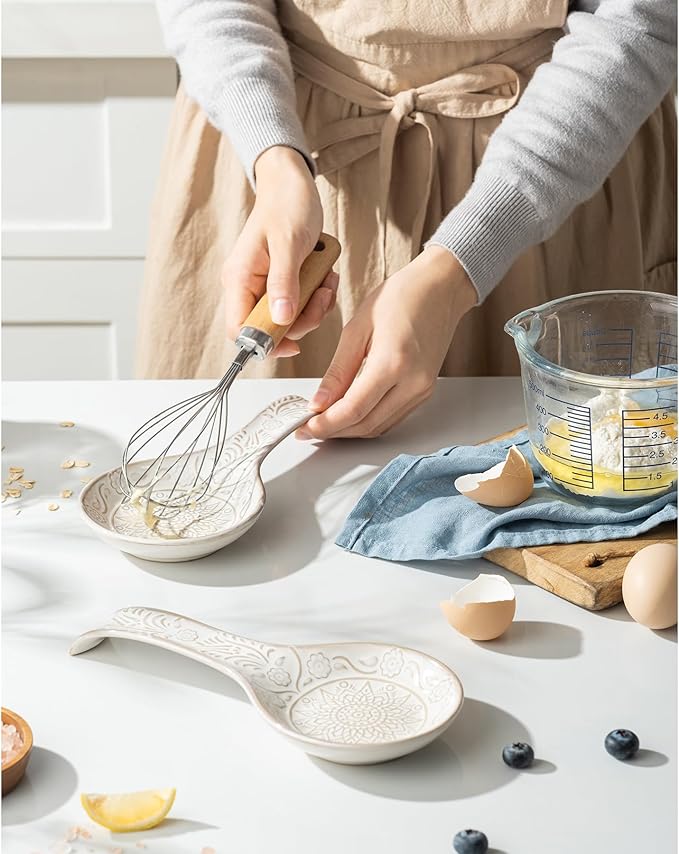 Ceramic Spoon Rest, 9 Inches Large Spoon Holder for Kitchen Counter, Set of 2, Kitchen Accessories, Dishwasher Safe, White