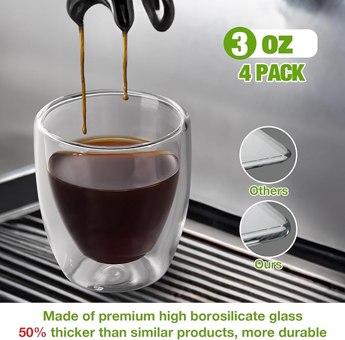 Double Walled Espresso Cups Set of 4 (50% Thicker), 3 Ounce Clear Expresso Coffee Mugs, Espresso Shot Glasses, Double Wall Insulated Espresso Cups Suit for Espresso Machine, Microwave Safe