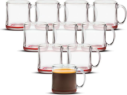 Libbey Clear Glass Coffee Mugs 13 oz. Set of 10, Bulk Pack - Perfect for Coffee, Tea, Espresso, Hot Cocoa, Other Beverages - Red Bottom