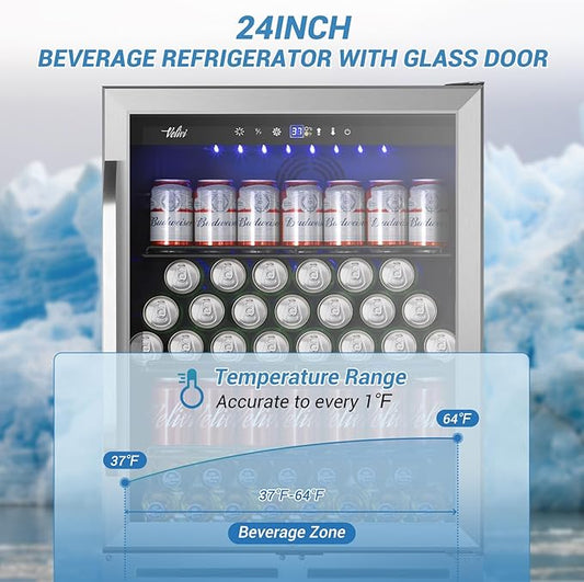 24 Inch Beverage Refrigerator, 210 Cans Under Counter Beverage Cooler, 24" Space Built-In Beer and Drink Fridge with Glass Door for Soda, Water, and Milk - For Kitchen, Bar or Office
