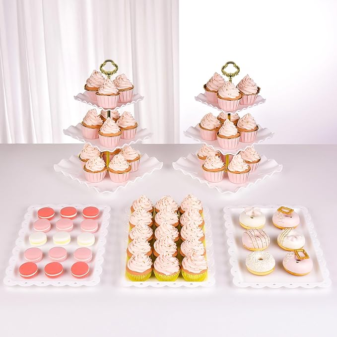 NWK 5 Piece Cake Stand Set with 2 x Large 3-Tier Cupcake Stands, 3 x Appetizer Trays, for Wedding Birthday Baby Shower Tea Party Decorations (Gold)