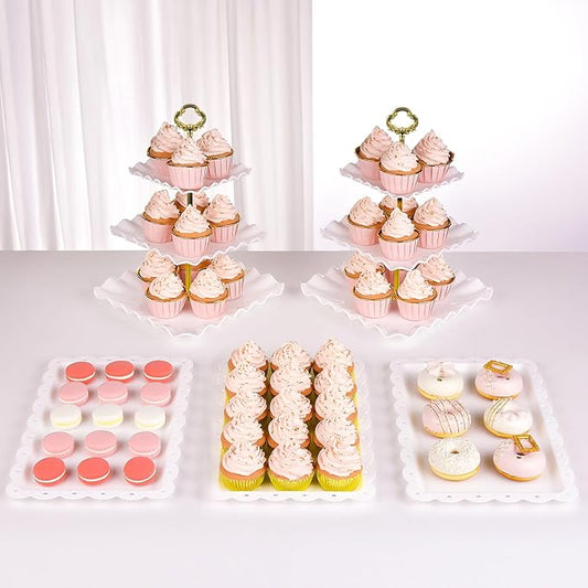 NWK 5 Piece Cake Stand Set with 2 x Large 3-Tier Cupcake Stands, 3 x Appetizer Trays, for Wedding Birthday Baby Shower Tea Party Decorations (Gold)