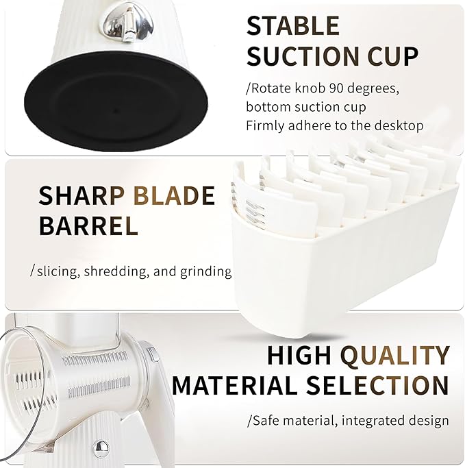 5-in-1 Rotary Cheese Grater Vegetable Slicer, 5 Interchangeable Blades Food Shredder with Anti-Slip Reinforced Suction Base, Kitchen Mandoline Chopper with Blade Storage Box (White)