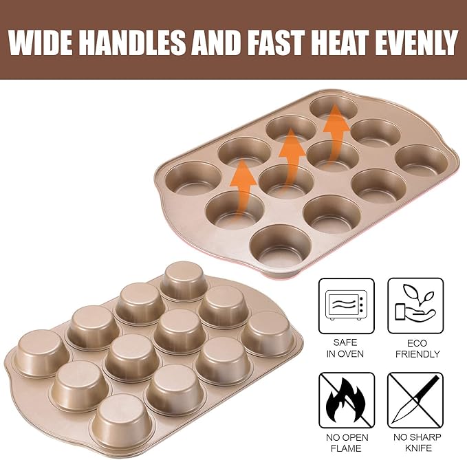 JOHO BAKING Nonstick Muffin & Cupcake Pan Set (2 Pack) - 12 Cup Regular + 24 Cup Mini Muffin Tins | Heavy Duty Gold Carbon Steel, Rust-Resistant, Easy Release