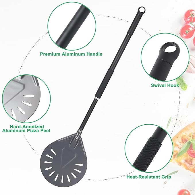 Newmeto Pizza Turning Peel - 9 Inch Aluminum Perforated Pizza turner with 33 Inch Long handle Lightweight, Metal Pizza Peel for Outdoor Pizza Oven Accessories