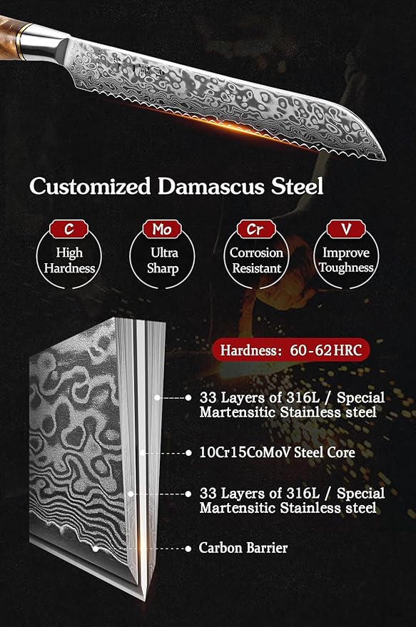 HEZHEN 8.3 Inch Serrated Bread Knife, Damascus Steel Cake Knife,High Carbon Steel Kitchen Knife, Wood Handle and Gift Box