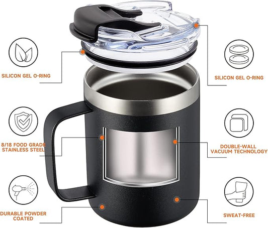 ALOUFEA 12oz Insulated Coffee Mug Cup with Handle, Stainless Steel Travel Coffee Mug with Flip Lid, Double Wall Vacuum Coffee Tumbler, Rose Gold