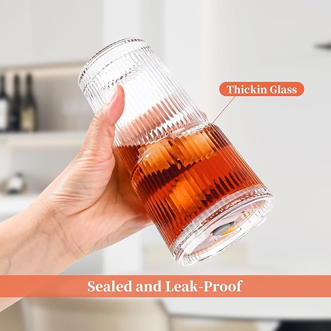 20 oz Ribbed Glass Tumblers With Lids and Straws,Clear Drinking Glasses Set of 4,Reusable Vintage Iced Coffee Cups,Leak Proof Thick Glass Cups for Juice,Cocktail,Smoothie,Beer,Boba