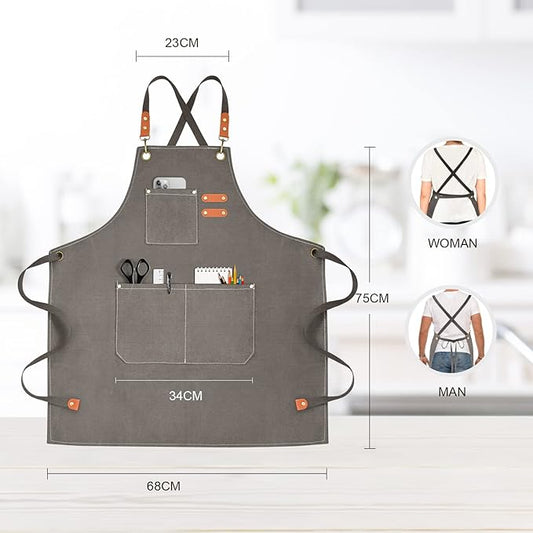 Chef Apron for Men Women Canvas Aprons with 3 Pockets Cross Back Resistant Work Apron for Cooking