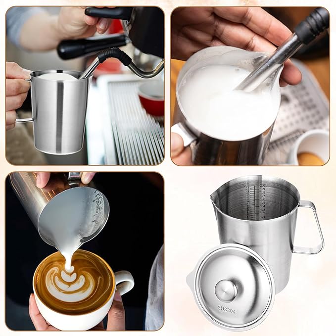 Stainless Steel Pitcher with Lid 2 L 70 oz Measuring Cup with Marking Metal Water Container with Handle Milk Frothing Jug for Iced Tea Hot Cold Water
