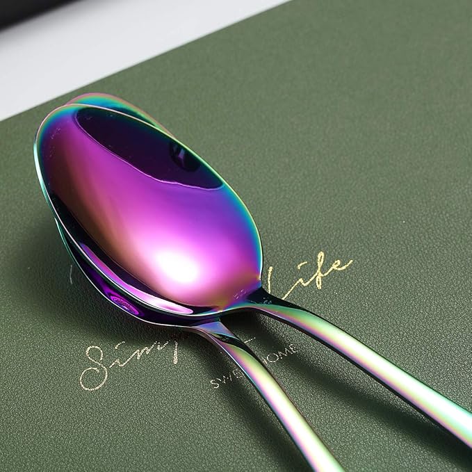 Rainbow Dinner Spoons, Kyraton 6 Pieces 7.5" Stainless Steel Table Spoon With Titanium Colorful Plating, Rainbow Soup Spoons, Dessert Spoons Sliverware Dishwasher Safe Set of 6