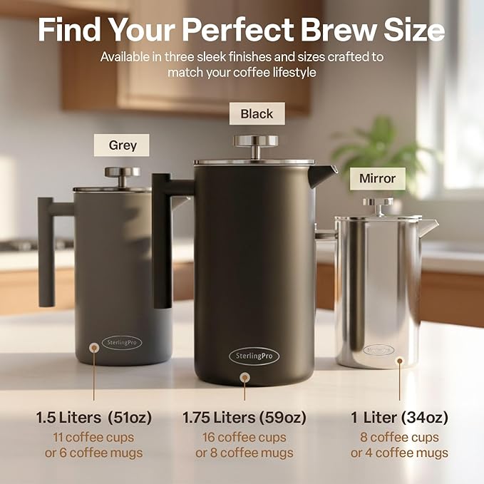 SterlingPro Stainless Steel French Press Coffee Maker Large 1 L(34 oz) Mirror – Durable Double Walled Insulated Coffee Press Keeps Drinks Hot, Easy to Use and Clean Stylish Design for Rich Flavor