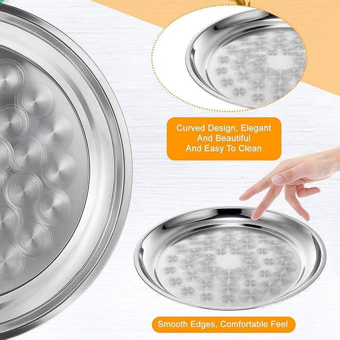 12 Pack Stainless Steel Round Serving Tray with Swirl Pattern Bulk Large Round Tray Silver Metal Display Serving Platter for Coffee Party Club Home (16 Inch)