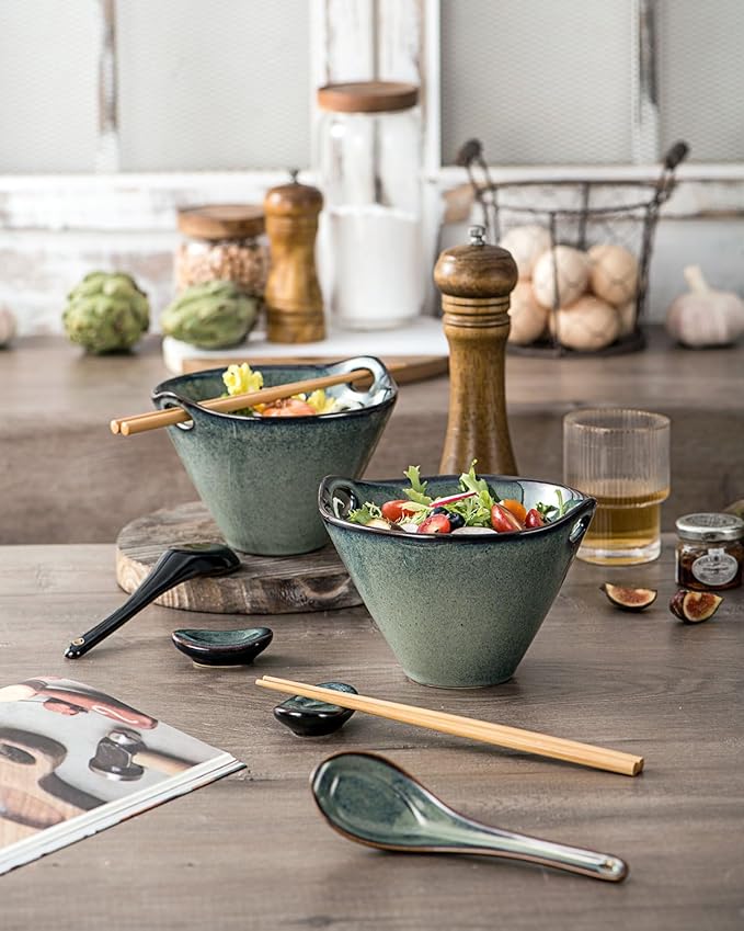 UNICASA Japanese Ramen Bowl Set with Chopsticks, Spoons and Rests, 20oz Deep Porcelain Noodle Bowl Set of 2 for Udon, Pho, Salad, Soup (Reactive Green)