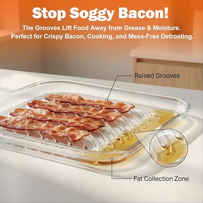 HoPliGhe Microwave Bacon Cooker, Square Glass Microwave Bacon Grill Tray 9.84inch,Cook Crispy Bacon in Minutes