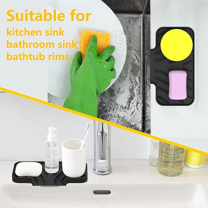 Sponge Holder for Kitchen Sink,6"×4" High Slope Soap Tray, Silicone Sponge Holder with Drain, Dish Soap Mat for Shower Bathroom, Perfect for Bottle,Cup on Sink or Counter (Black, 6×4)