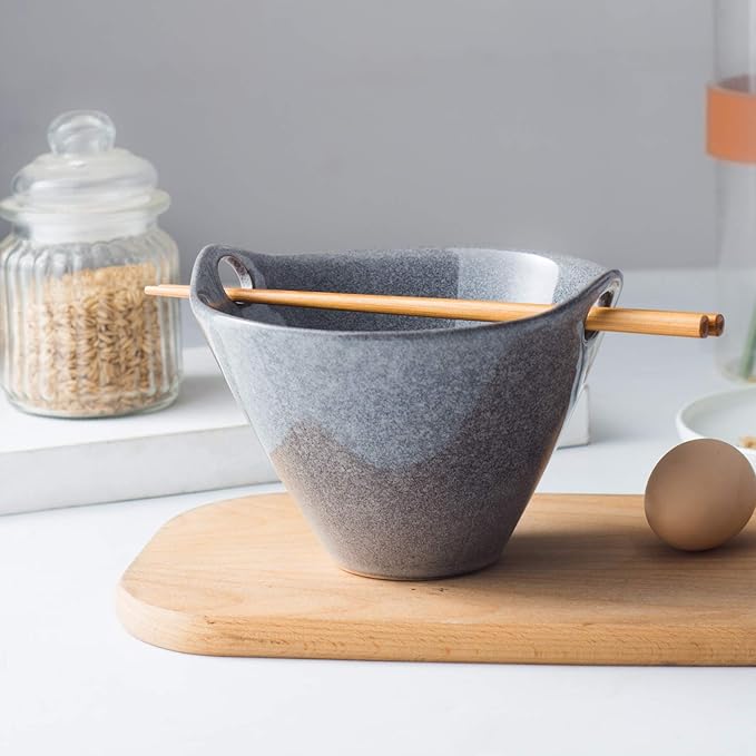 UNICASA Japanese Ramen Bowl Set with Chopsticks, Spoons and Rests, 20oz Deep Porcelain Noodle Bowl Set of 2 for Udon, Pho, Salad, Soup (Reactive Gray)