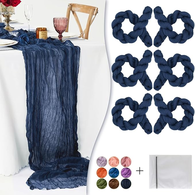 Navy Blue Cheesecloth Table Runner 6 Pack 35" Boho Gauze Runner 120 inches Long Runner Rustic Sheer Fabric Bulk for Baby Shower Wedding Bridal Birthday Party Table Decorations
