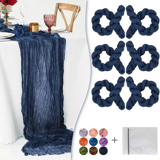 Navy Blue Cheesecloth Table Runner 6 Pack 35" Boho Gauze Runner 120 inches Long Runner Rustic Sheer Fabric Bulk for Baby Shower Wedding Bridal Birthday Party Table Decorations