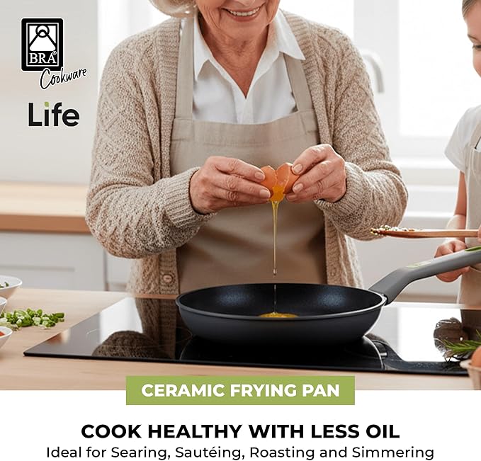 BRA COOKWARE Life Ceramic Nonstick Frying Pan | 8 Inch Recycled Cast Aluminum Skillet | Ceramic Non-Stick Fry Pan | PFOA Free Searing Skillet | All Cooktops (incl. Induction) | Soft-Touch Handle