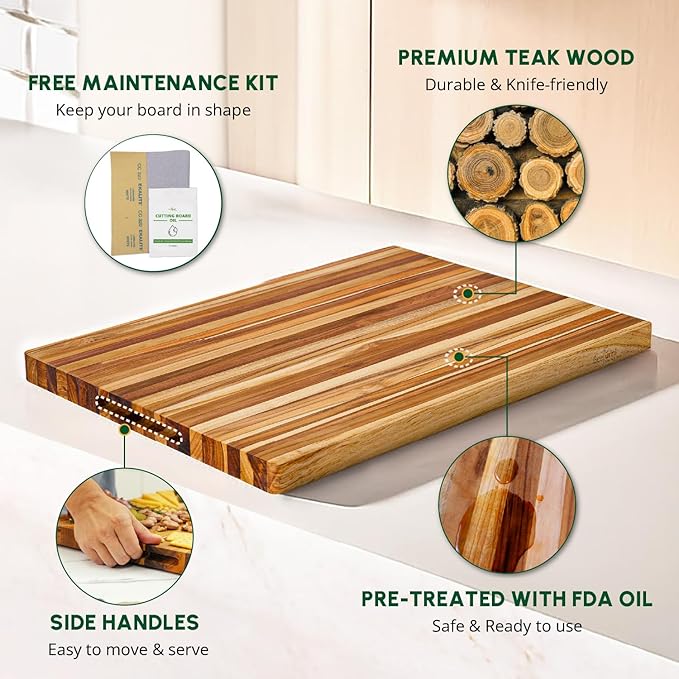 BEEFURNI Teak Wood Cutting Board with Hand Grip (L, 22x16x1.25"), Large Wooden Cutting Boards for Kitchen, Chopping Board Wood, Butcher Block, Charcuterie Board, Christmas Gifts, 1-Year Warranty