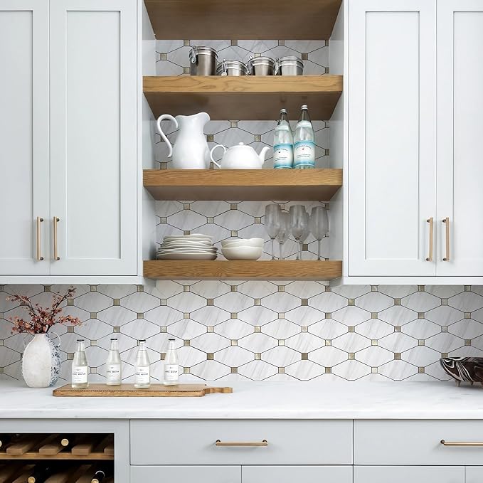 STICKGOO 10 Sheets Peel and Stick Dolomite Mosaic Tile, White Marble Look PVC Mixed Metal Gold Kitchen Backsplash for Fireplace, RV