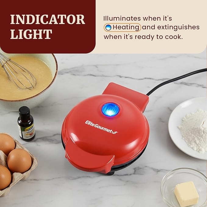 Elite Gourmet EWM015R# Electric Nonstick 4.5-inch Mini Waffle Maker, Belgian Waffles, Compact Design, Hash Browns, Keto, Snacks, Sandwich, Eggs, Easy to Clean, Red