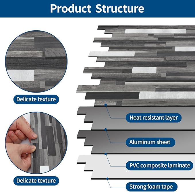 Yipscazo 2 Sheets Peel and Stick Stone Metal Backsplash, PVC Wall Tiles Stick on Tiles for Backsplash Kitchen, Bathroom, Fireplace (6'' X 12'', Black Wood)