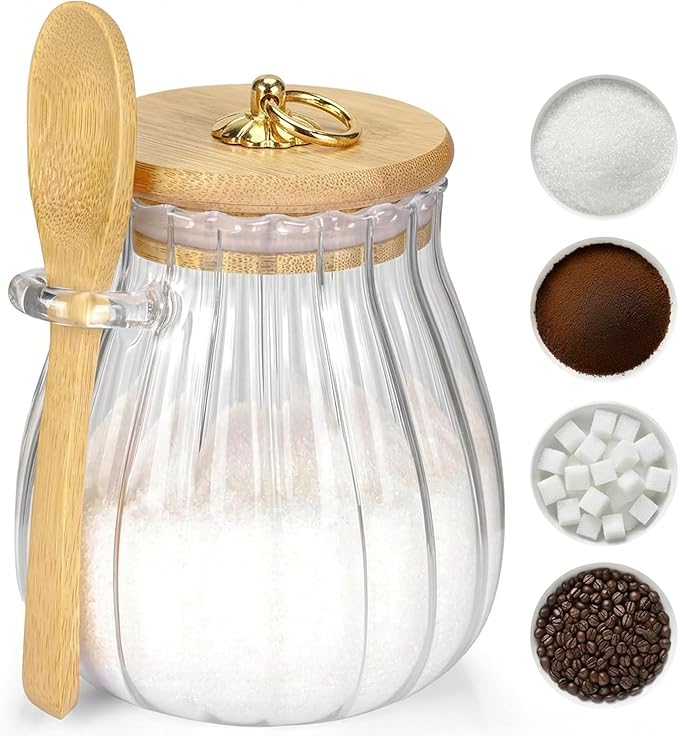 Sugar Container with Bamboo Lid and Spoon,15 oz Sugar Bowl Glass Jar for Coffee Bar Accessories Coffee Canister Kitchen Decor Housewarming Gift Christmas Refillable Design