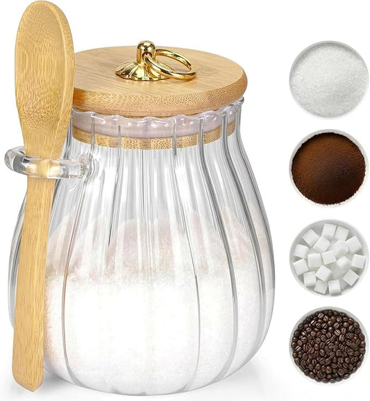 Sugar Container with Bamboo Lid and Spoon,15 oz Sugar Bowl Glass Jar for Coffee Bar Accessories Coffee Canister Kitchen Decor Housewarming Gift Christmas Refillable Design