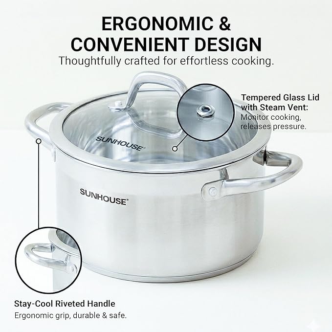 Sunhouse Professional 10-Quart Whole-Clad Multi-Ply Stainless Steel Stock Pot with Lid - Premium 18/10 Whole Body Clad Stock Pot - Induction Ready, Oven Safe Dishwasher Safe Cooking Pot