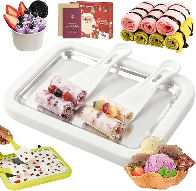 At-Home Rolled Ice Cream Maker Kit, DIY Rolled Ice Cream Tray, Two-minutes Quick Freeze, Mini Instant Freeze Plate with 2 Scrapers, Food-Grade Stainless Steel, for Kids & Adults (White,9 * 7in)