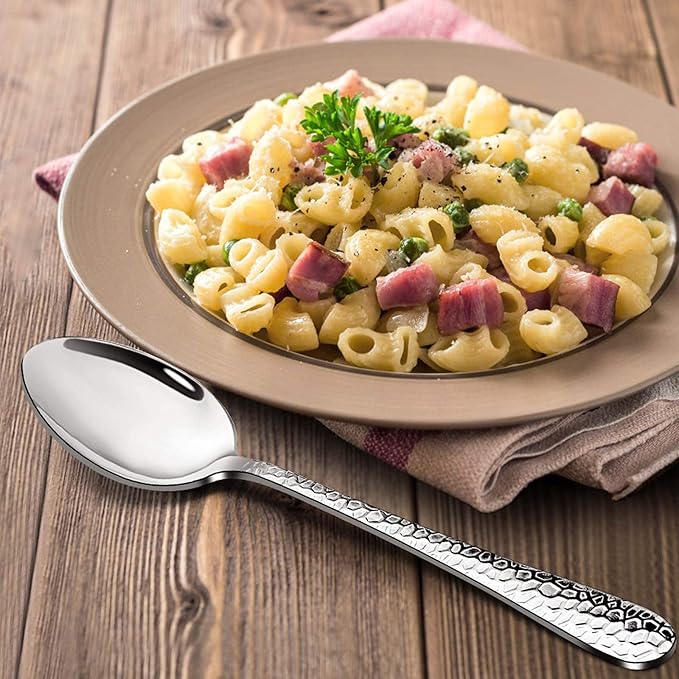 Stainless Steel Hammered Dinner Spoons Set, E-far 6-Piece Modern Silver Large Soup Spoons for Home, Kitchen, Restaurant, Round Edge & Mirror Polished, Dishwasher Safe - 7.9 Inches