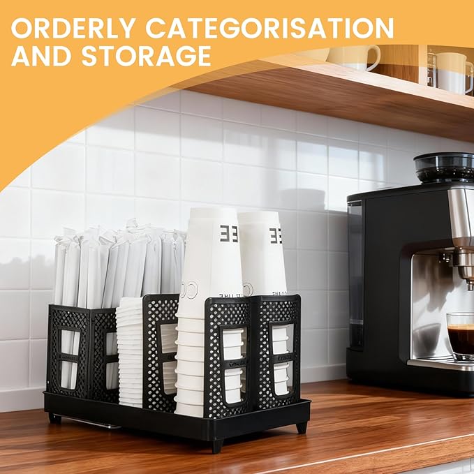 Paper Cup and Lid Holder with Straw Organizer, Coffee Cup Holder for Countertop Coffee Station, Bar, Kitchen, Office Black