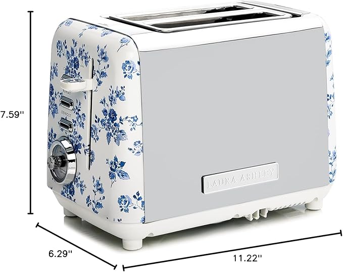 VQ Laura Ashley China Rose Stainless Steel 2 Slice Toaster | Multi-Functional Bagels & Bread Toaster 2 Slice with Adjustable Heating & Defrost Mode | Featuring 2 Wide Slots & Croissant Warming Rack